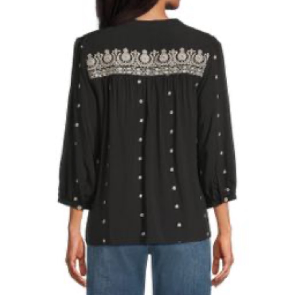 Woman’s Black Blouse with Gold Embroidery 3/4 Sleeves - Picture 2 of 13